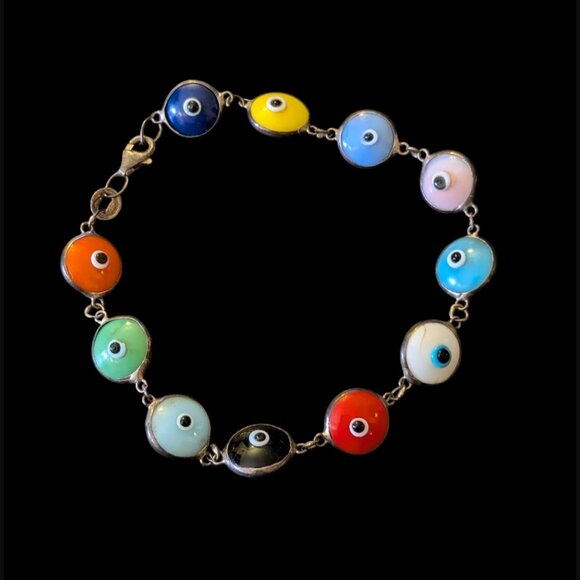925 Oxidized Sterling Silver Multicolor Evil Eye Size 6.75" Bracelet - Picture 3 of 10